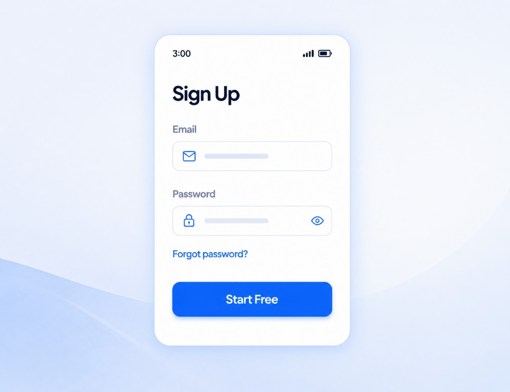 Sign up screen with email, password, and Start Free button
