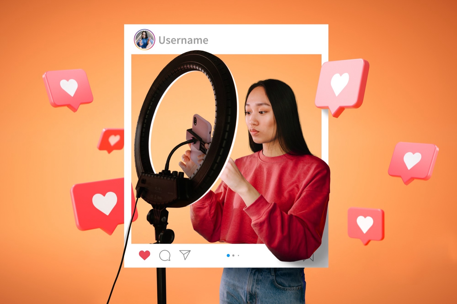 Creator filming an Instagram post with engagement hearts around the frame