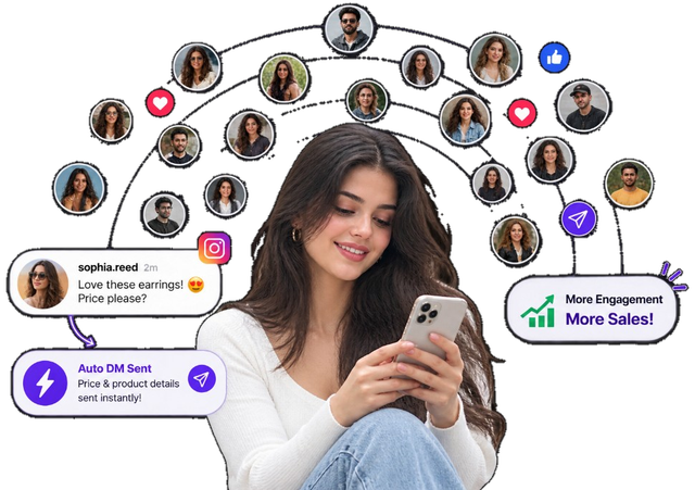 Creator on a phone with comments turning into automatic DMs across their audience