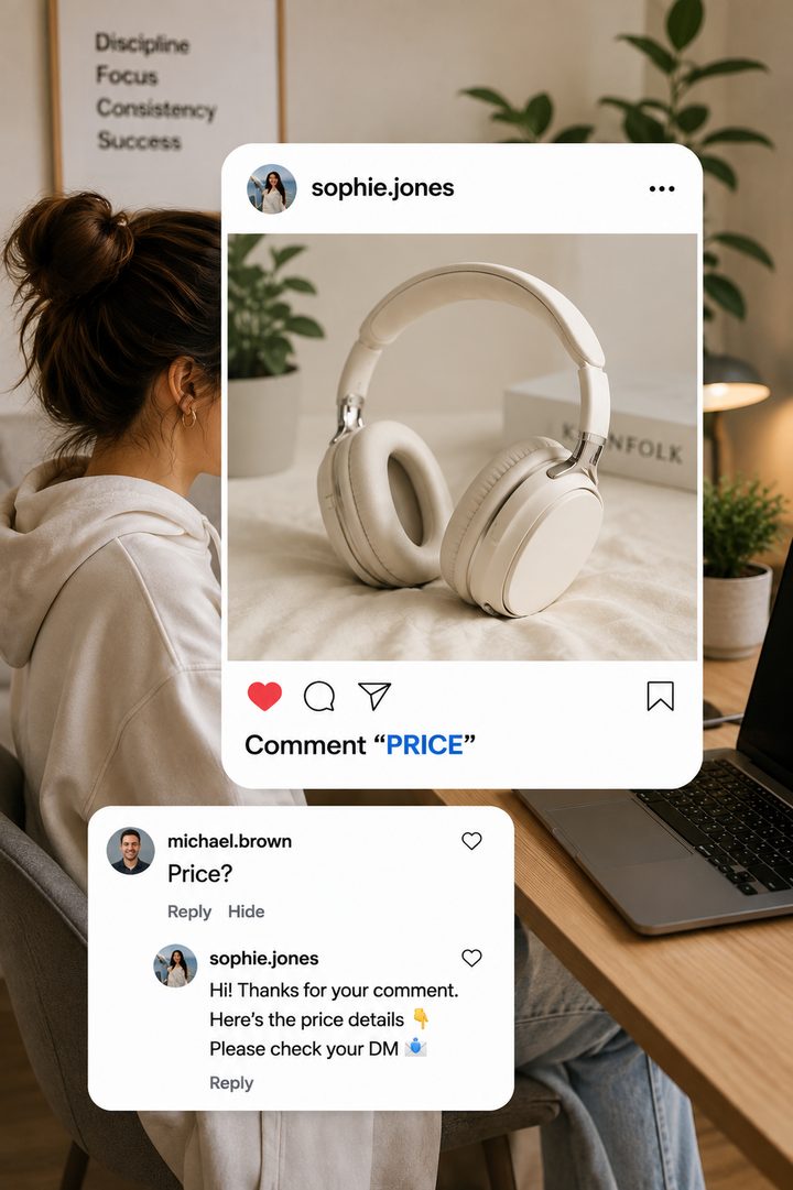Instagram post asking people to comment PRICE, with an automatic public reply pointing to the DM