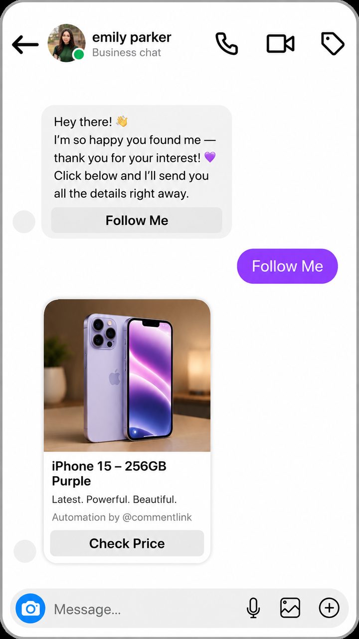 Instagram DM follow-gate with a Follow Me button and an automated product card